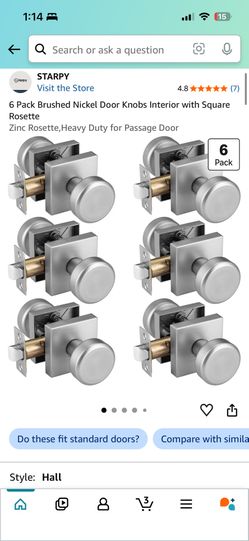 6 Pack Brushed Nickel Door Knobs Interior with Square...