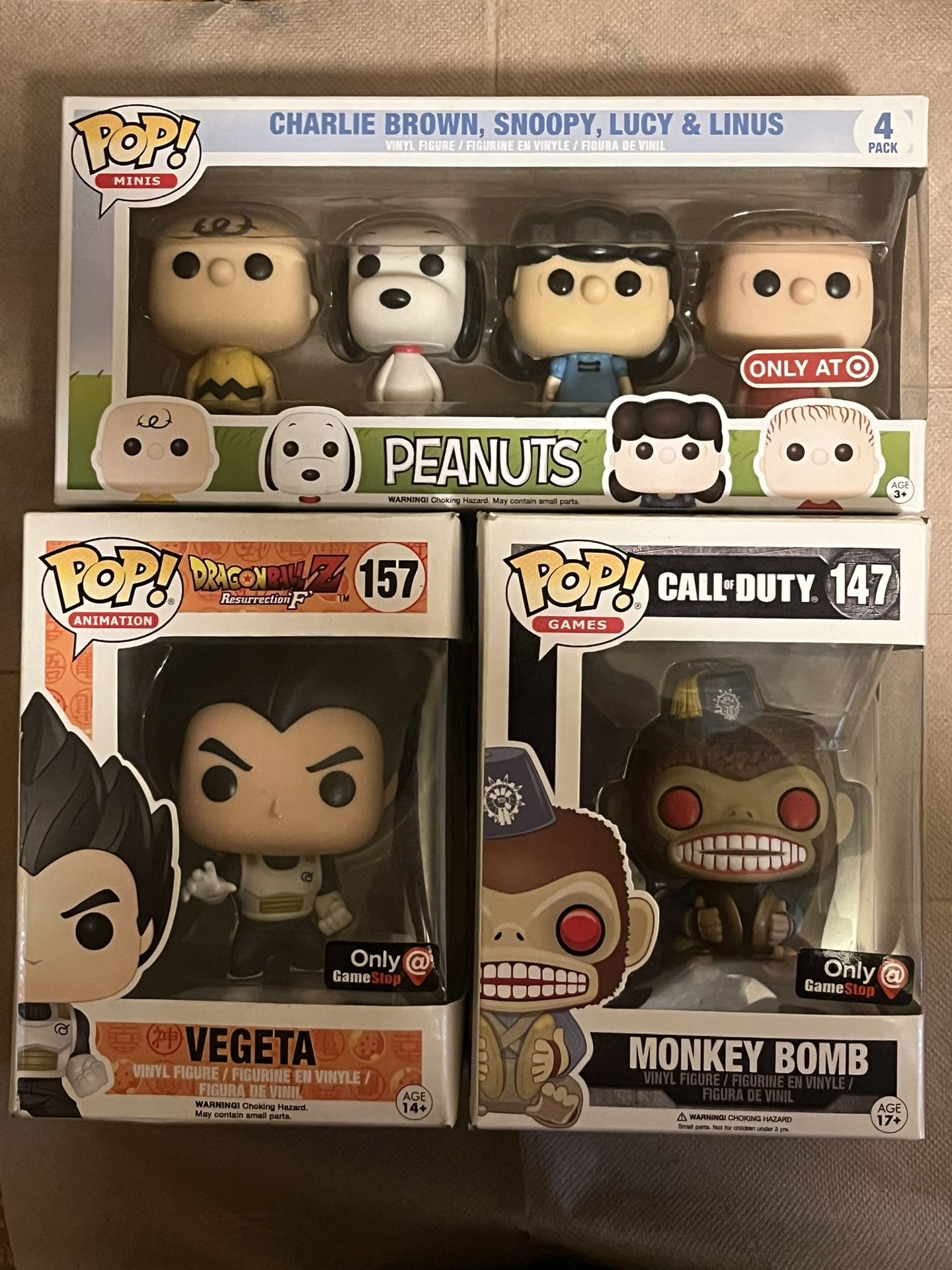 Funko Pop! RARE Bundle! Monkey Bomb GSE 147 + Vegeta GSE 157 + Peanuts Target Exclusive 4 Pack