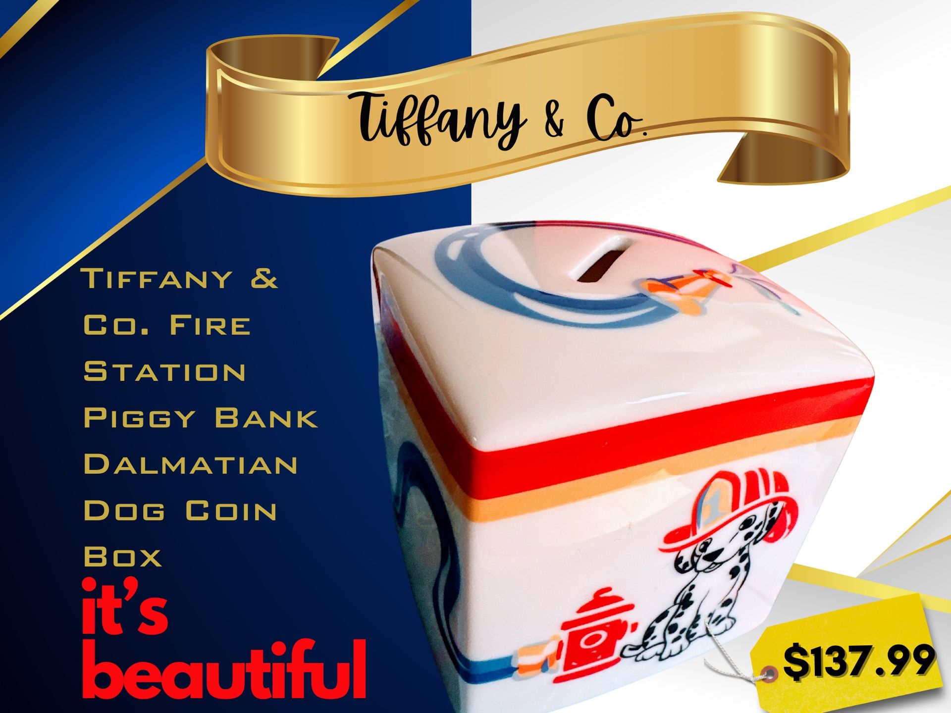 Tiffany & Co. Fire Station Piggy Bank Dalmatian Dog Coin Box.