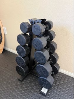 CAP Barbell 150 LB Coated 12-Sided Black Handle Dumbbell Weight Set with Vertical Rack