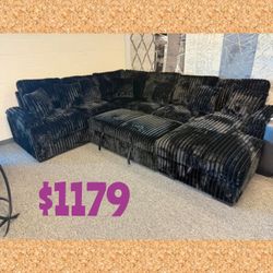 New Black Jumbo corduroy U-Shaped Pull Out Sectional Sofa w/ Storage Chaise + Pillows