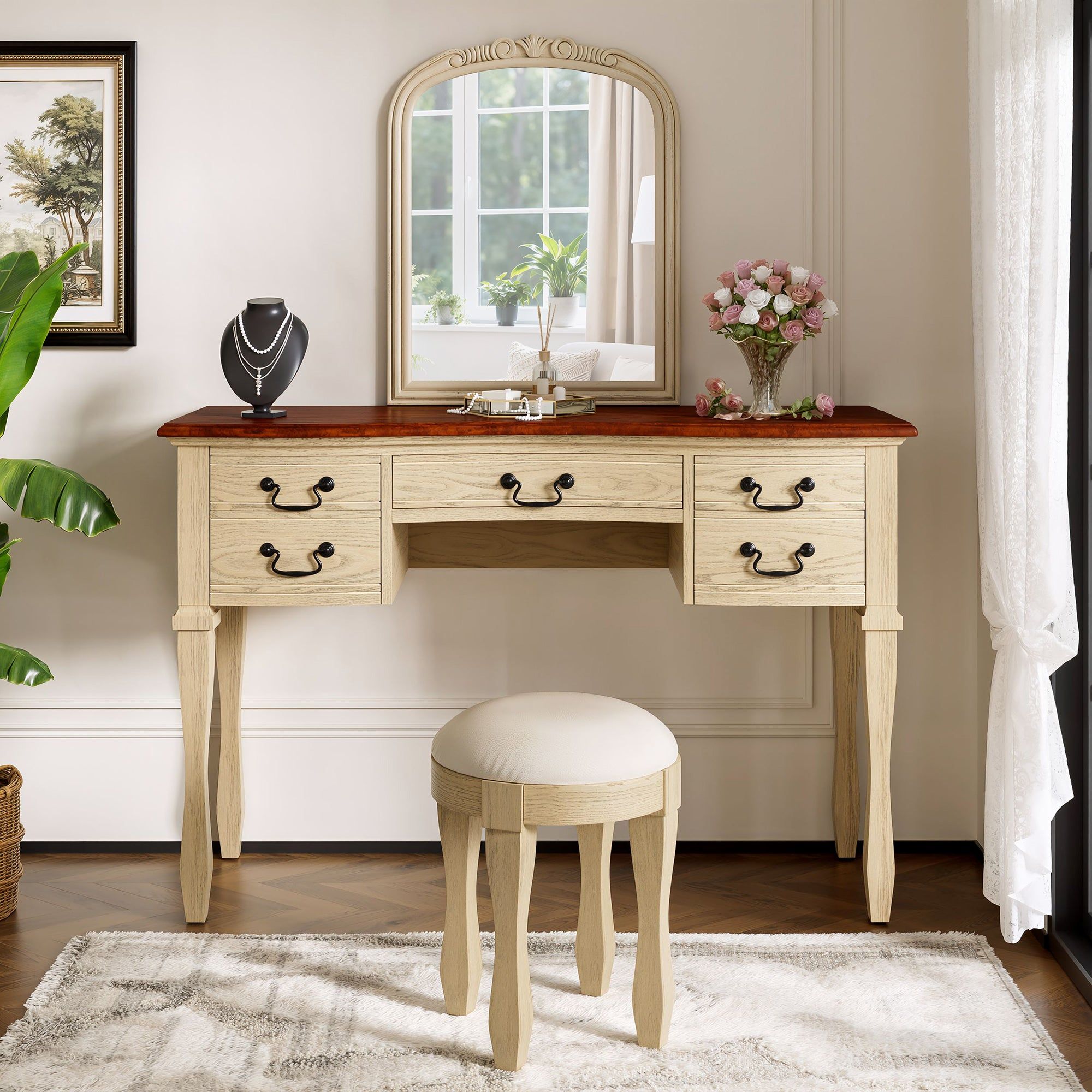 Jonna 46" Makeup Vanity Set with Curved Frame Mirror and 5 Drawers