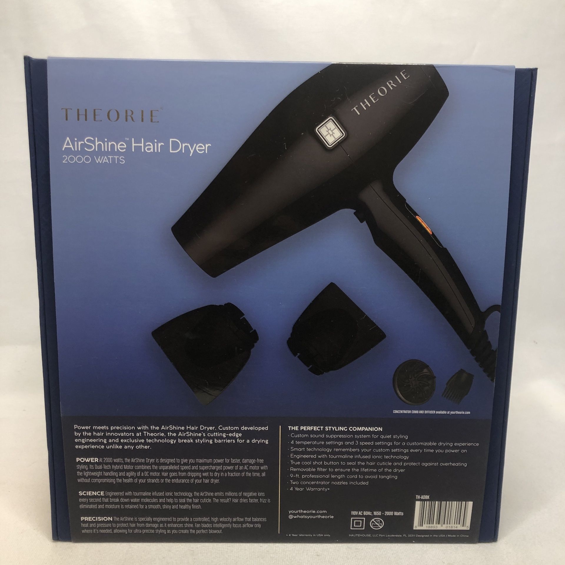 Theorie AirShine Hair Dryer 2000 Watts Black TH-ADBK New Open Box