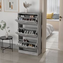 Modern Wooden Shoe Storage Cabinet with 3 Louvered Doors and Adjustable Storage Shelves 22.4''L $40