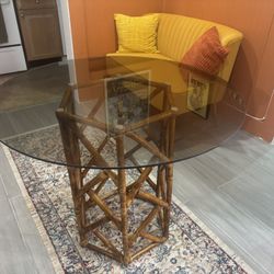 Vintage Round Bamboo & Glass Dining Table