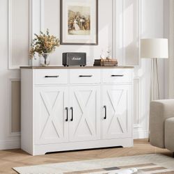 Modern Farmhouse Sideboard Buffet Cabinet, Barn Doors Buffet Storage Cabinet with Drawers and Shelves, Wood Coffee Bar with Storage for K