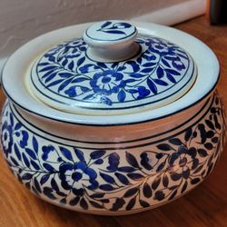 Vintage HEAVY Lidded Serving Dish * Handmade Ceramic * 8x8x5 * Blue and White