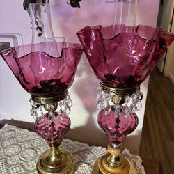 Pair Of Cranberry Glass Vintage Lamps
