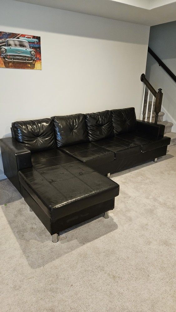 Faux Leather Sectional Sofa- Black