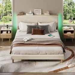 Wood Frame Full Size Velvet Upholstered Platform Bed Frame With Led lights 