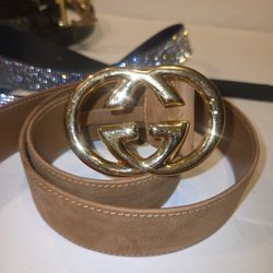 Gucci Belt Leather Suede Brown 32" 33" 34" Gold GG