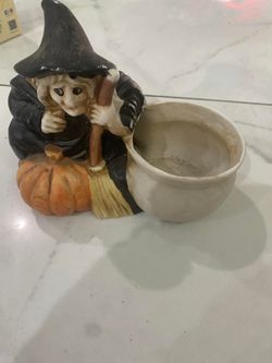 Vintage Halloween 4" Ceramic Witch Cauldron Candle Holder Hand Painted Broom