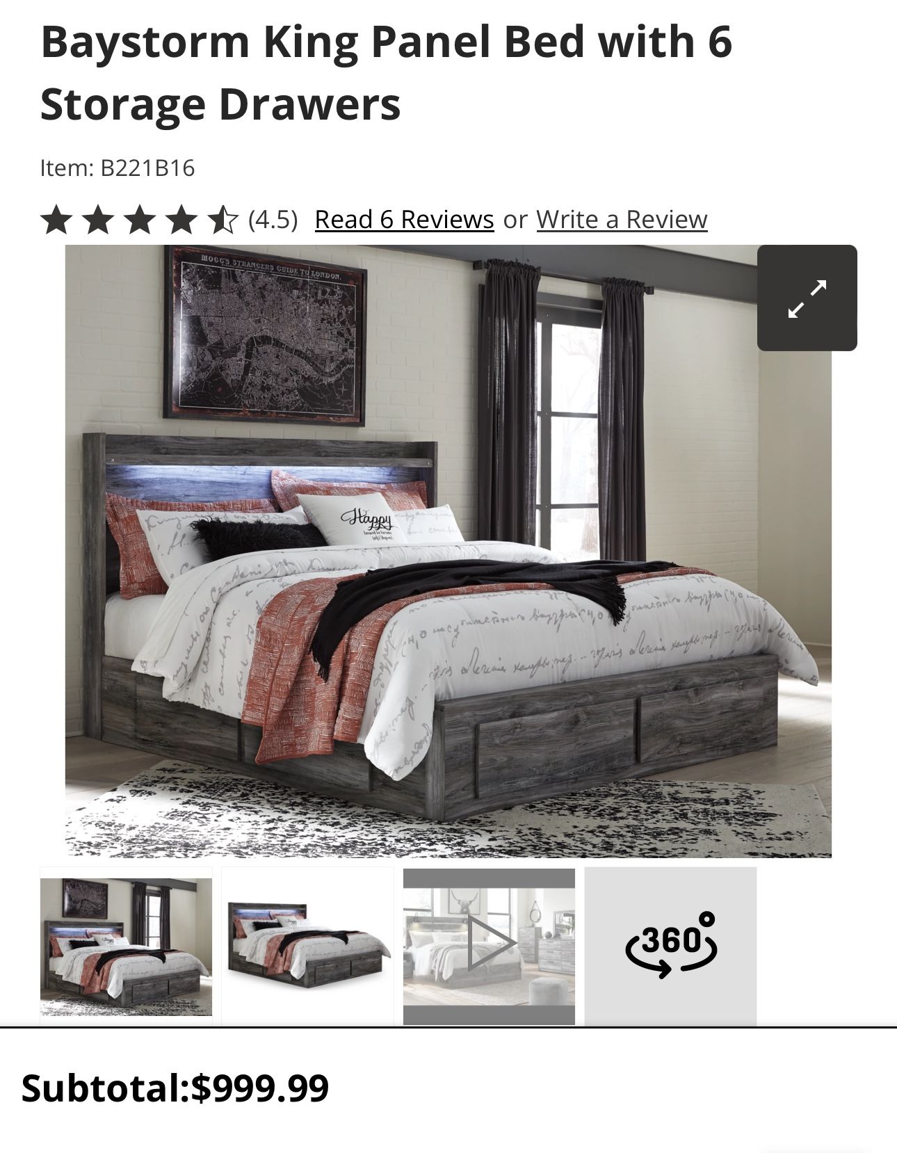King panel bed has 6 storage drawers, dressing table with 6 drawers and mirror and 2 bedside tables