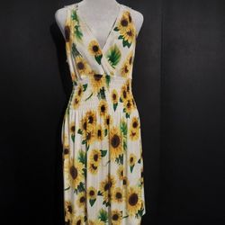  Women's Yellow & White Polyester Flower Patterned Dress (Size M)