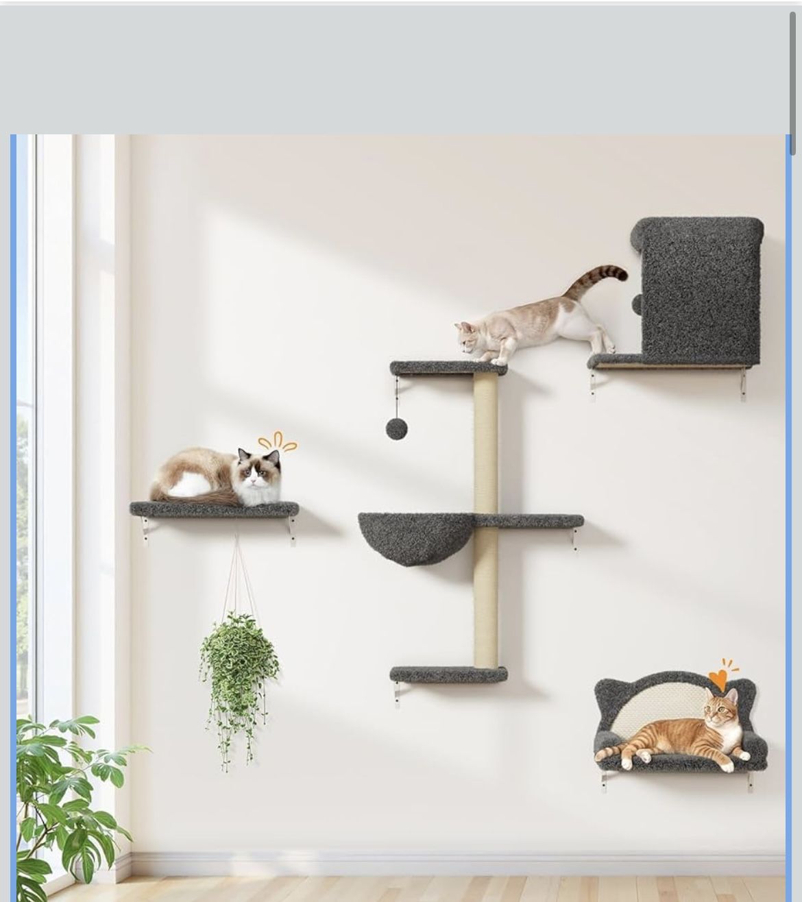 Wooden Cat Wall Shelves 5-in-1 Modern Climbing Wall Furniture Set for Cats with Scratching Posts, Cat Bed & Sofa, Space-Saving Perch for 16" Drywall, 
