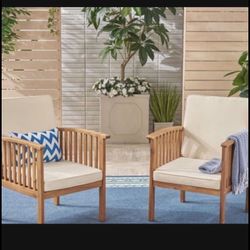 Casa 2 Pack Acacia Club Chairs Wood Outdoor Brown Cream Cushion