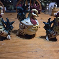 Set Of Rooster Salt And Pepper Shakers And Matching Sugar Bowl