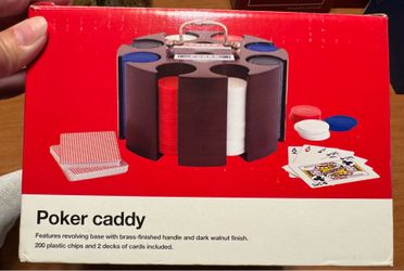 Vintage Poker caddy Features revolving base with brass-finished handle and dark walnut finish. 200 plastic chips and 2 decks of cards included. NIB
