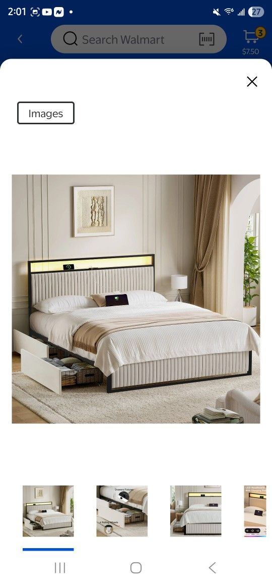 KOUSEI Queen Bed Frame with Headboard, Platform Bed with 2 Drawers, Velvet Upholstered Bed Frame with LED Lights & Charging station,Beige