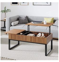 Wood Lift Top Coffee Table with Hidden Storage Compartment, Side Drawer and Metal Frame