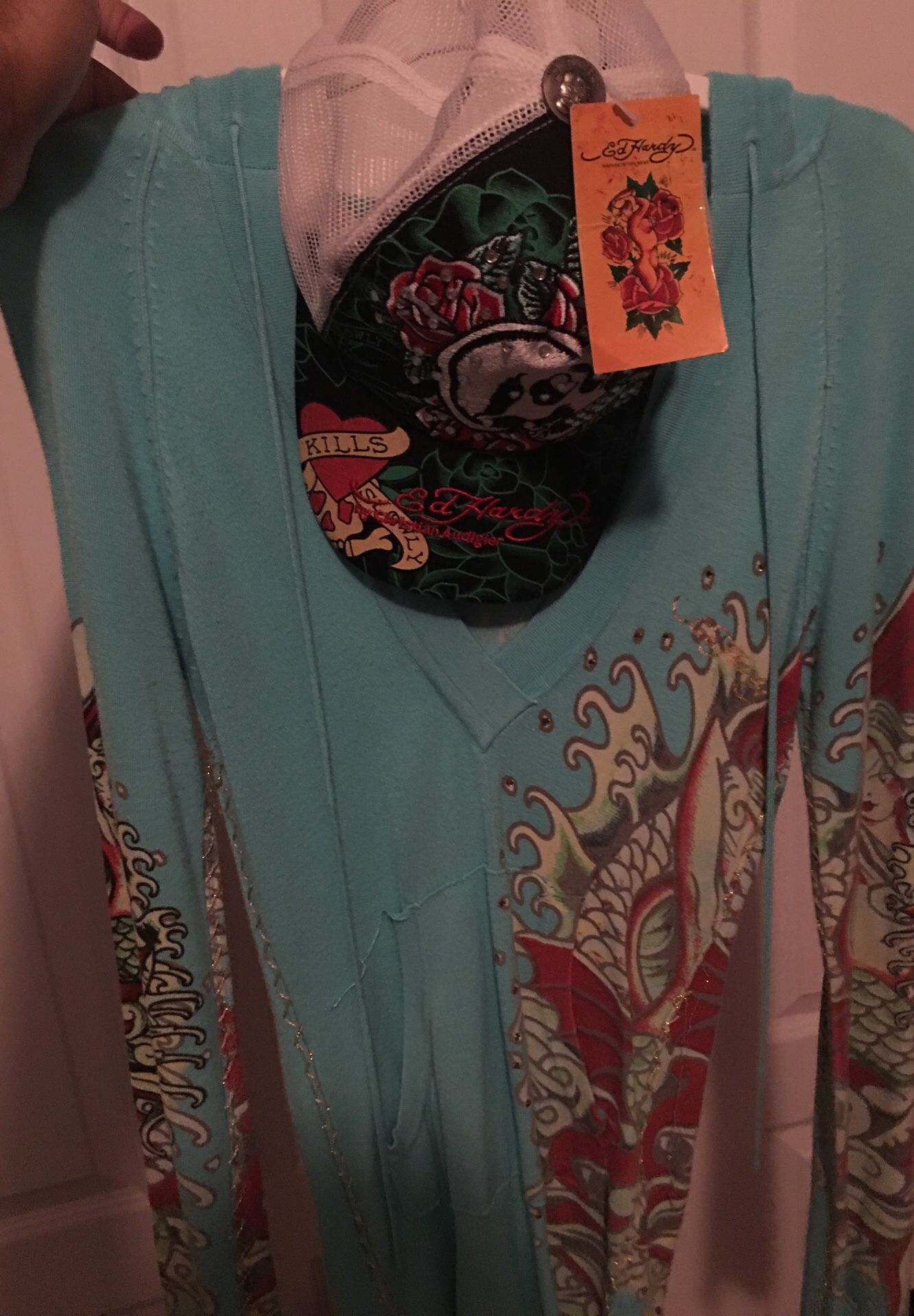 Women's Ed Hardy hat New w/ tags and like new thin hoodie jacket shirt Small