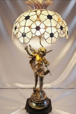 Large French Figural Lamp After G. Moreau With Capiz Shell Shade 32" Tall Mid 20