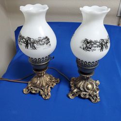Pair Of Vintage 1950s Currier and Ives Glass Lamp With Bronze Stand