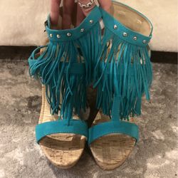 Teal Blue Fringe Wedges Studs Corks 