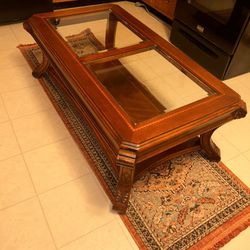 Solid Wood Coffee Table with Glass and Floor Shelf
