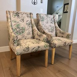 TWO Cost Plus World Market Cream & Green Accent Armchair With Natural Wood Legs
