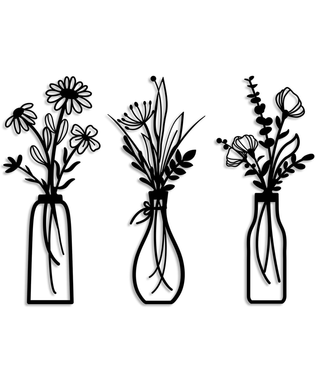 3 Pieces Metal Flowers Wall Arts - Rustic Farmhouse Decor Black Minimalist Flowe