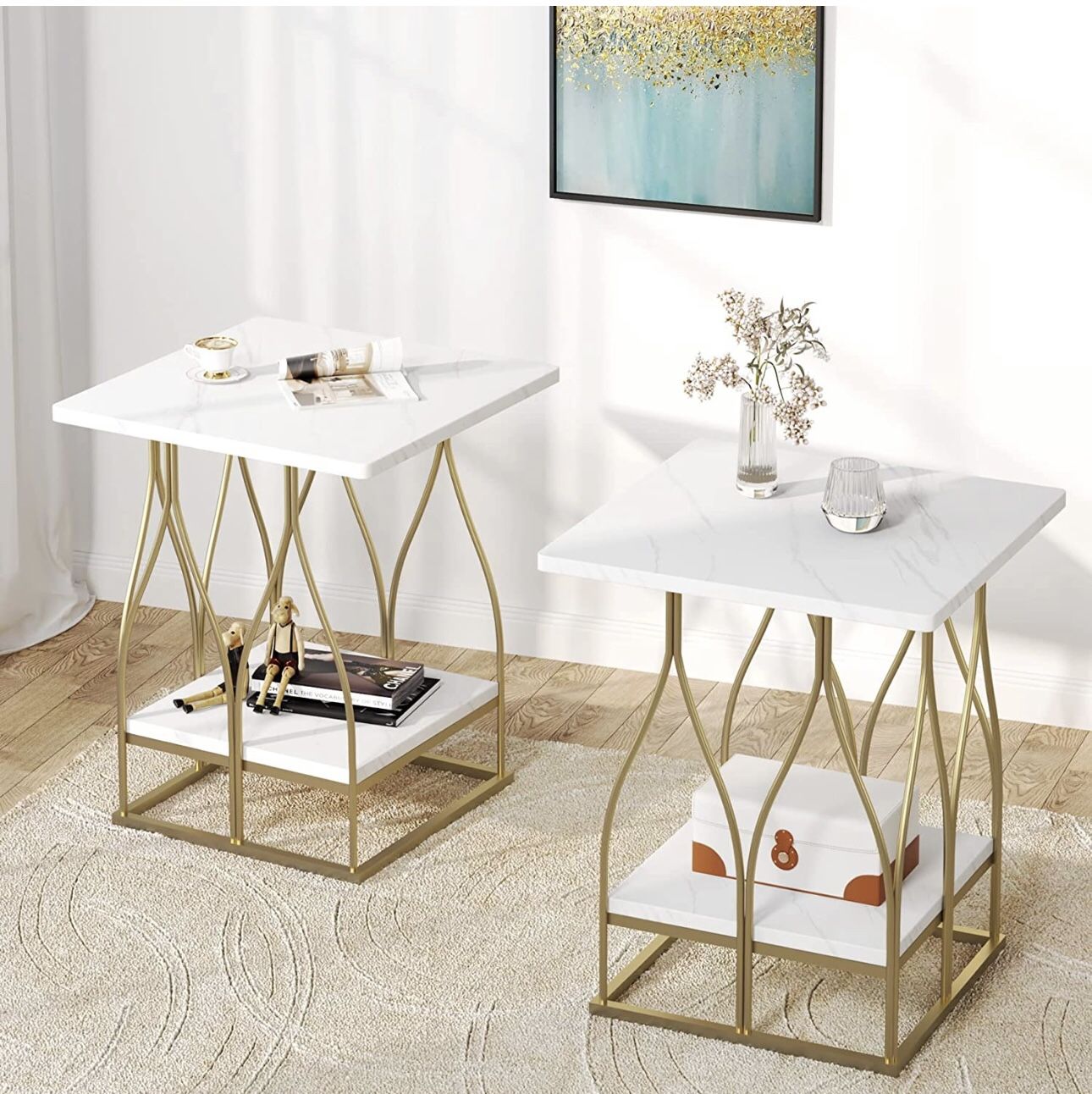 F1613 2-Tier End Table, Square Side Table Faux Marble Accent Table