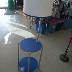modern 2-tier end table floor lamp combination with a white drum fabric shad 