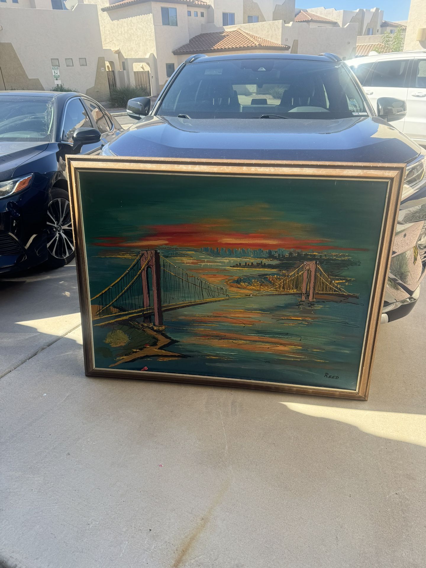 Large Vintage Bridge Painting – Golden Gate Style Sunset Scene, Signed by Reed