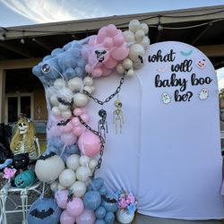 Halloween Gender Reveal Balloon Garland And Backdrop. 