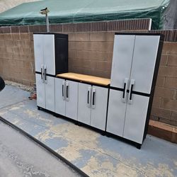 Keter Garage Storage Cabinet Set, 2 tall cabinets, 2 short cabinets, lockable with shelves, Good Condition