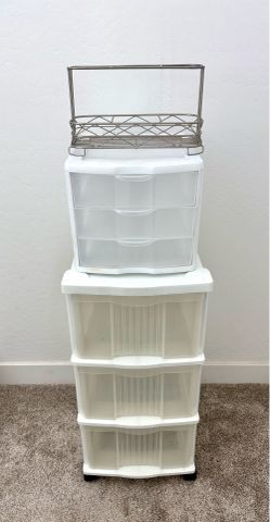 2-Set of Storage Containers White Plastic & Small Stainless Steel Storage Rack