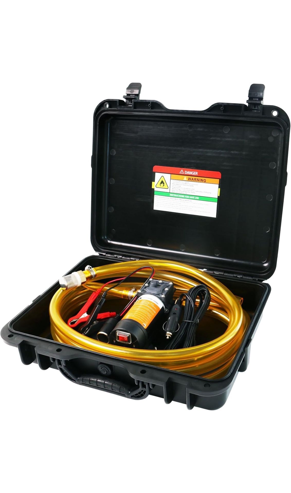 12V Fuel Transfer Pump Moves 120 Gallons of Gas or Diesel Per Hour. With Car Cigarette Lighter Plug, Battery Clip and Upgraded Carrying Case, for UTVs