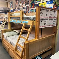 Complete Solid Pine Wood Bunk Bed Twin/ Full w/ Pull Out Storage Trundle Litera