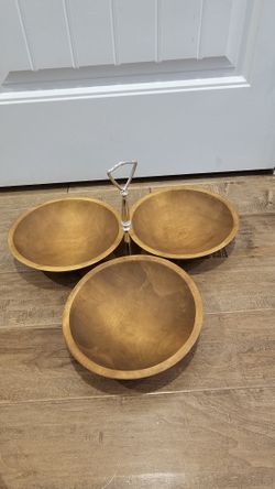 Vintage Mid-Century Modern 3-Bowl Wooden Serving Dish