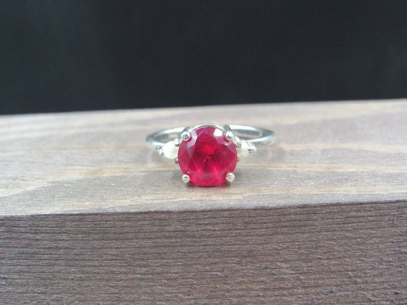 Size 7.25 Sterling Silver Rustic Ruby & Pearl Accent Band Ring Vintage Statement Engagement Wedding Promise Anniversary Bridal Cool