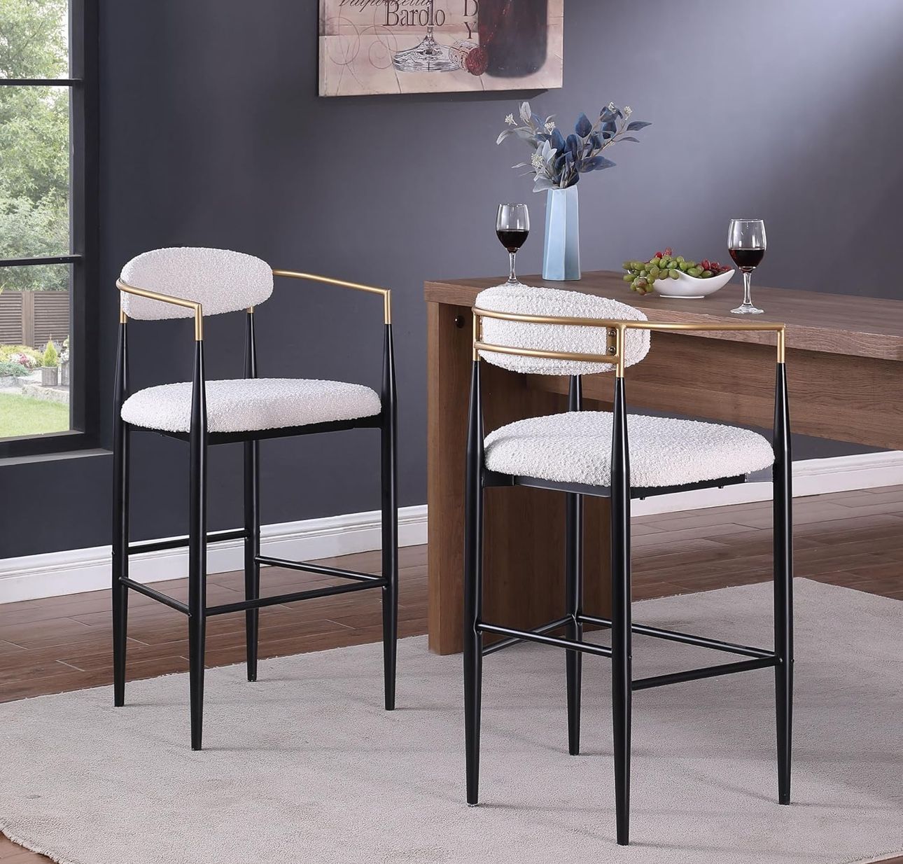 Modern Multifunctional Bar Stool Set of 2, Made of Iron Frame and Open Backrest, Durable, Generally Suitable for Kitchen and Dining Room, No Assembly