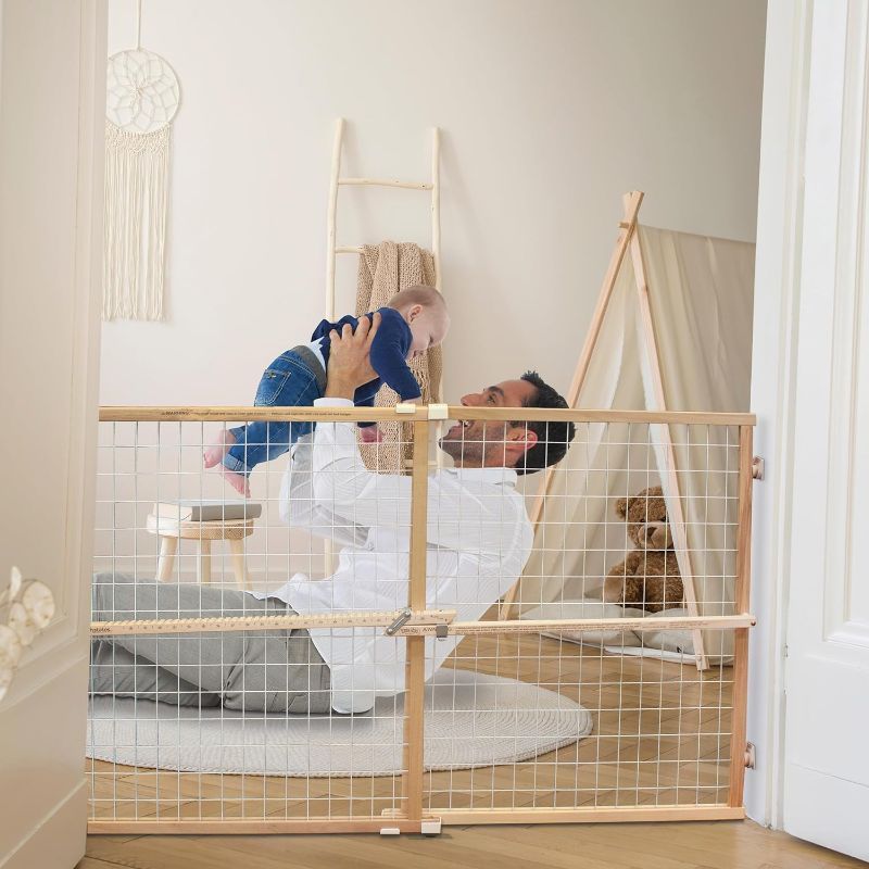 Toddleroo By North States Extra Wide Wire Mesh Wooden Baby Gate: 29.5"-50" Wide. Pressure Mounted Baby Gate For Doorway. (31" Tall, Sustainable Hardwo