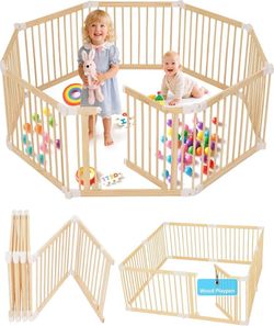 Foldable Wooden Baby Playpen Folding Play Yard for Babies, 2-in-1 New Mom Helper Portable Fence, 25" Tall Custom Wood Gate with Adjustable Size & Shap