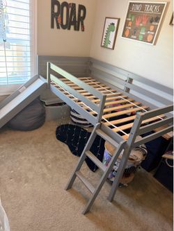 Grey Twin Loft Bed With Slide