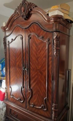 Wooden wardrobe $650 OBO, and Queen-size bed (wooden frame and mattresses)