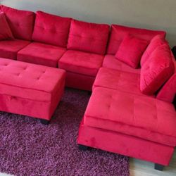 Heights Red Velvet Reversible Sectional With Storage Ottoman  