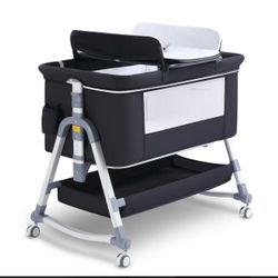 Uuoeebb 3 in 1 Baby Bassinet Bedside Sleeper, Portable Baby Bassinet with Wheels, Baby Crib with Changing Station, Mattress Included and Storage, Fold