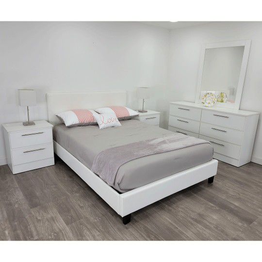 Bedroom Set 3PCS Queen Bed , Dresser With Mirror And Two Nightstands 