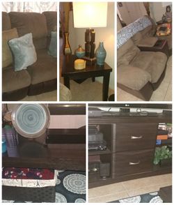 Love seat sofa two lamps coffee table two end tables and TV stand